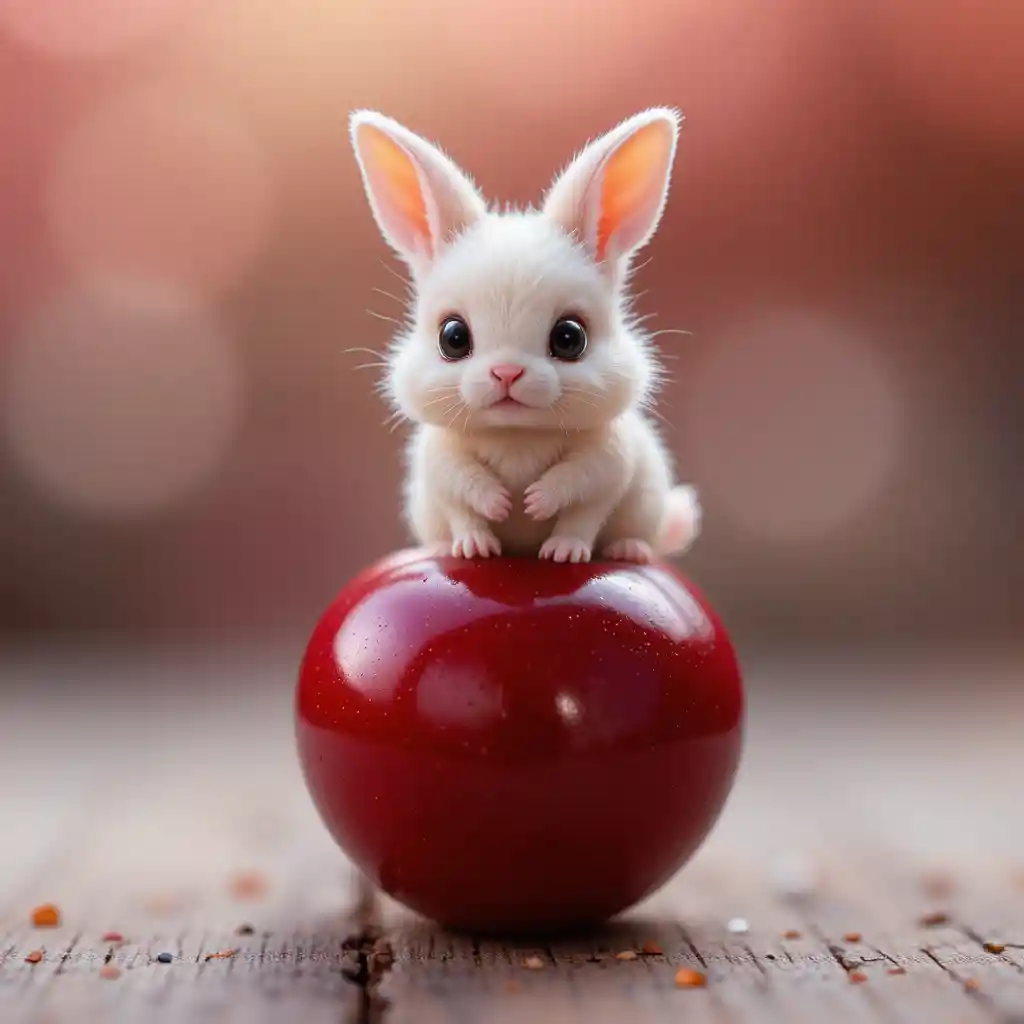 Tiny fluffy rabbit perched on a shiny red cherry