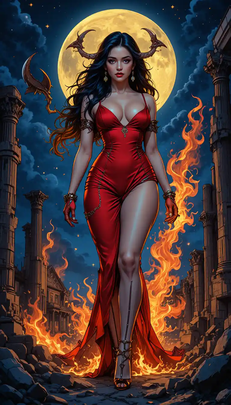 Seductive dark sorceress in red dress amid fiery ruins