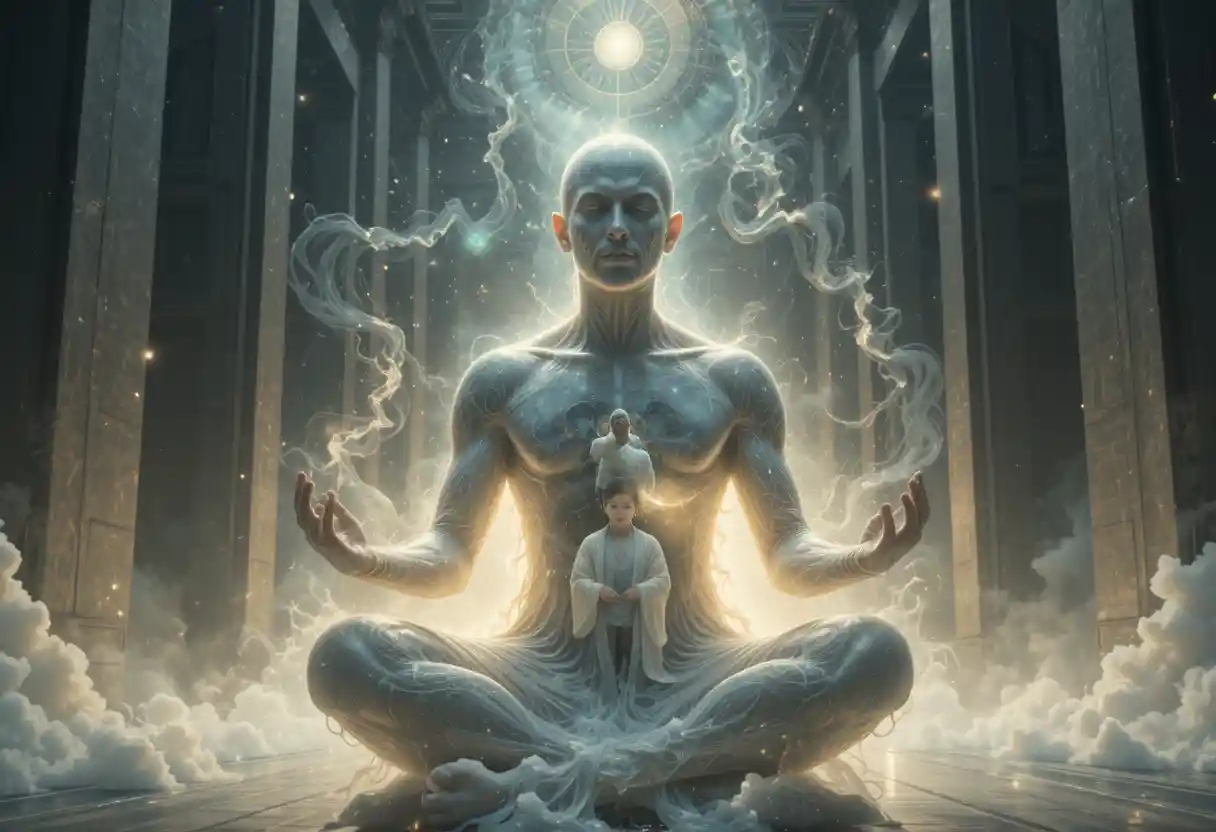 Cinematic portrait of a man in serene cosmic reflection