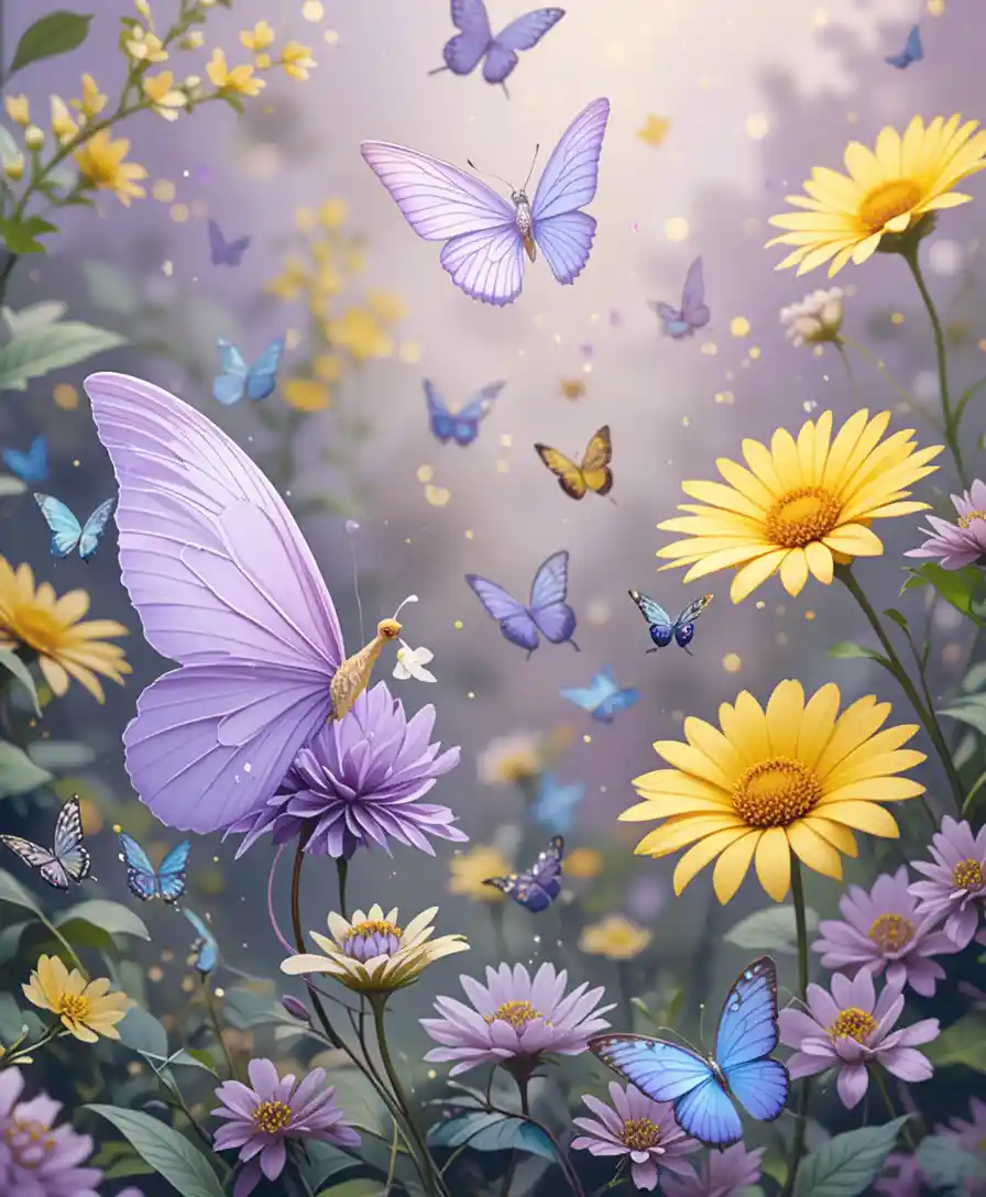 형형색색 꽃이 피어난 정원의 보라색 나비 일러스트