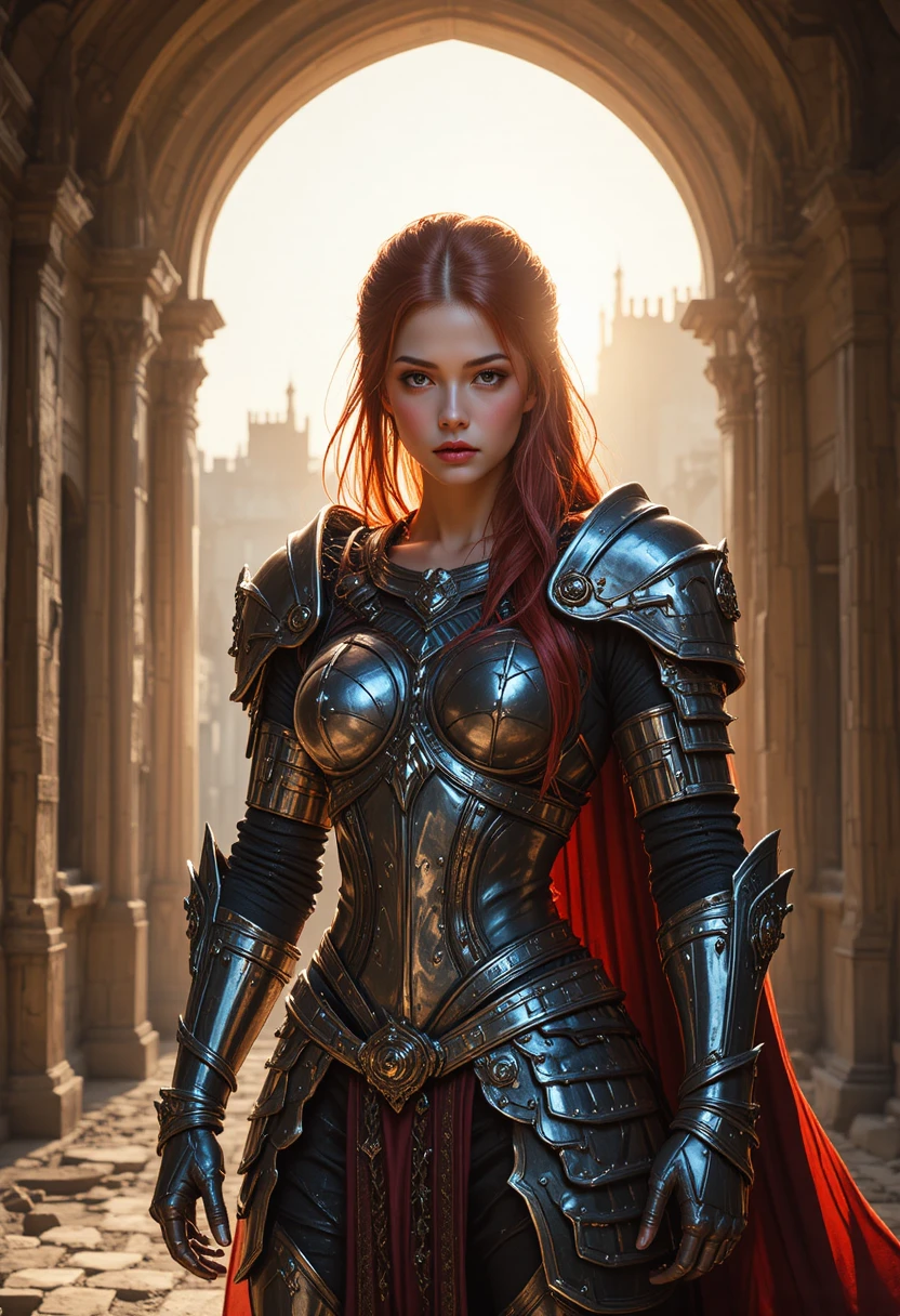 Red haired warrior knight in silver armor at castle arch