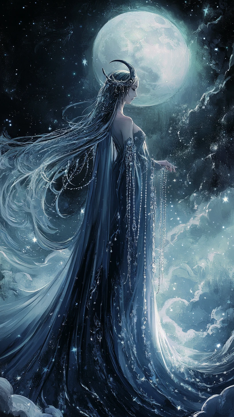 Celestial queen before a moonlit mystical playing card