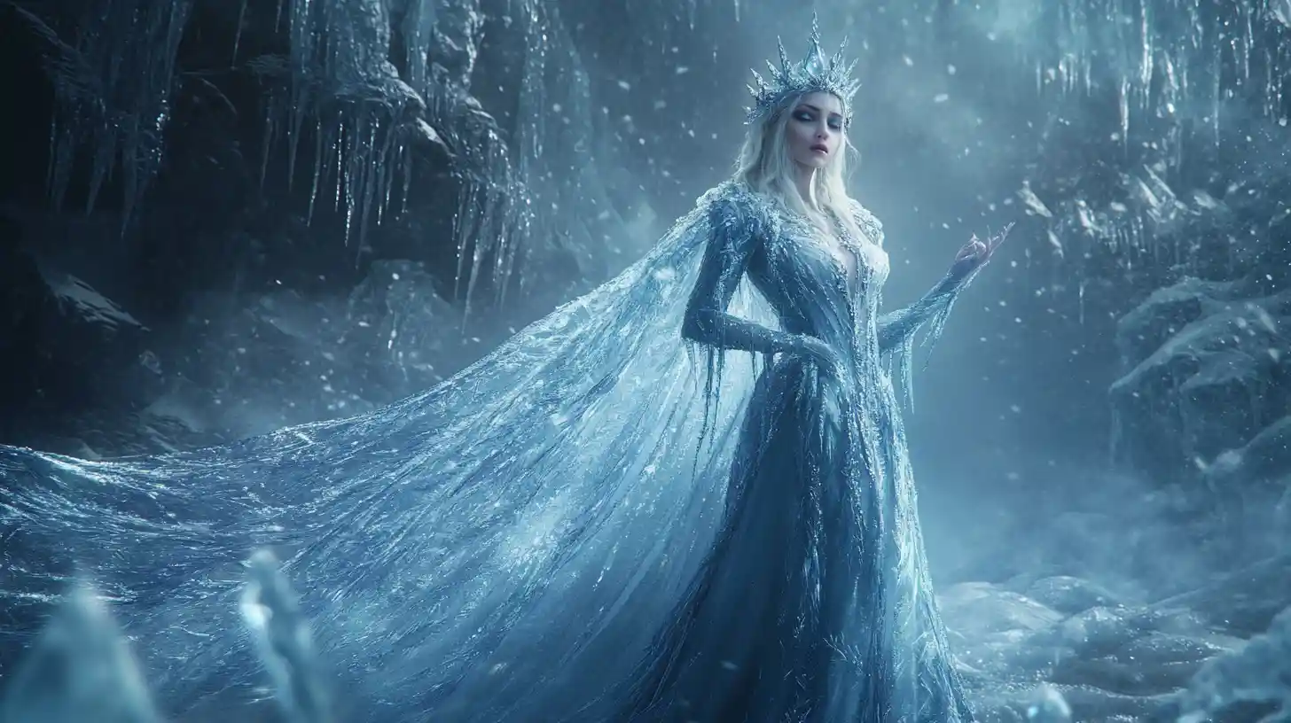 Ice queen in a shimmering winter gothic fantasy scene