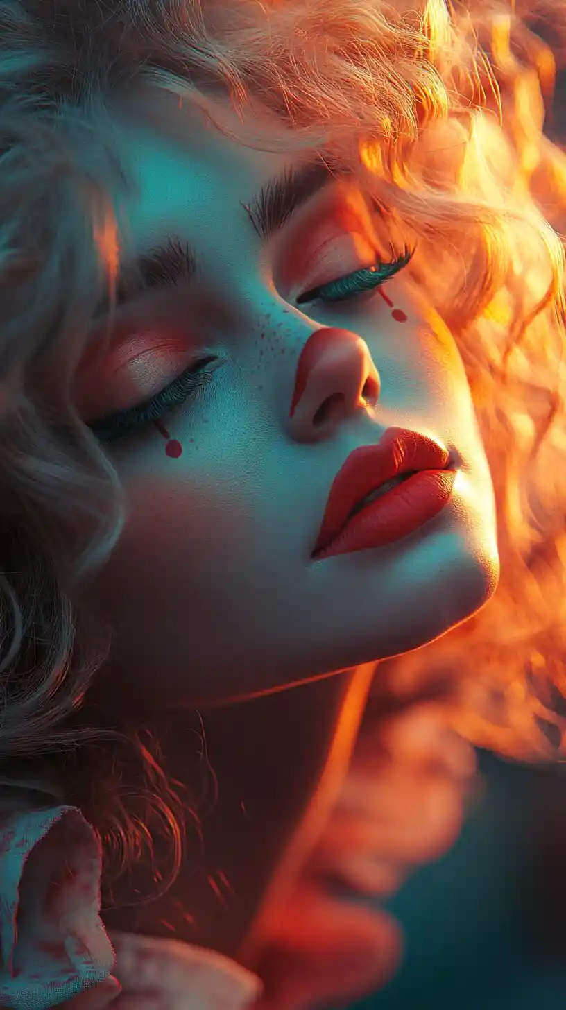 Dreamy female clown portrait in warm sunset glow