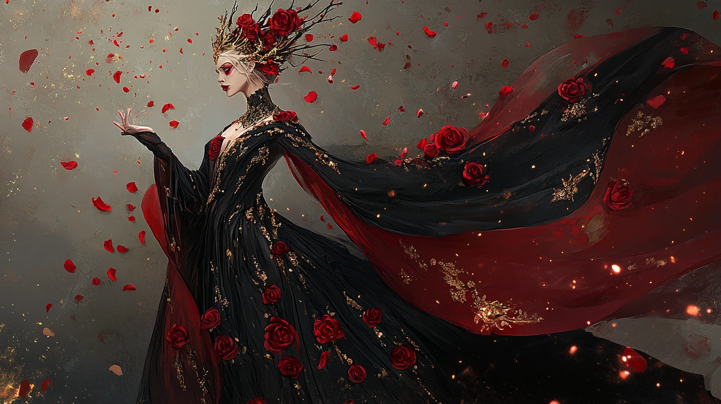 Dark queen in crimson velvet with jeweled ruby crown