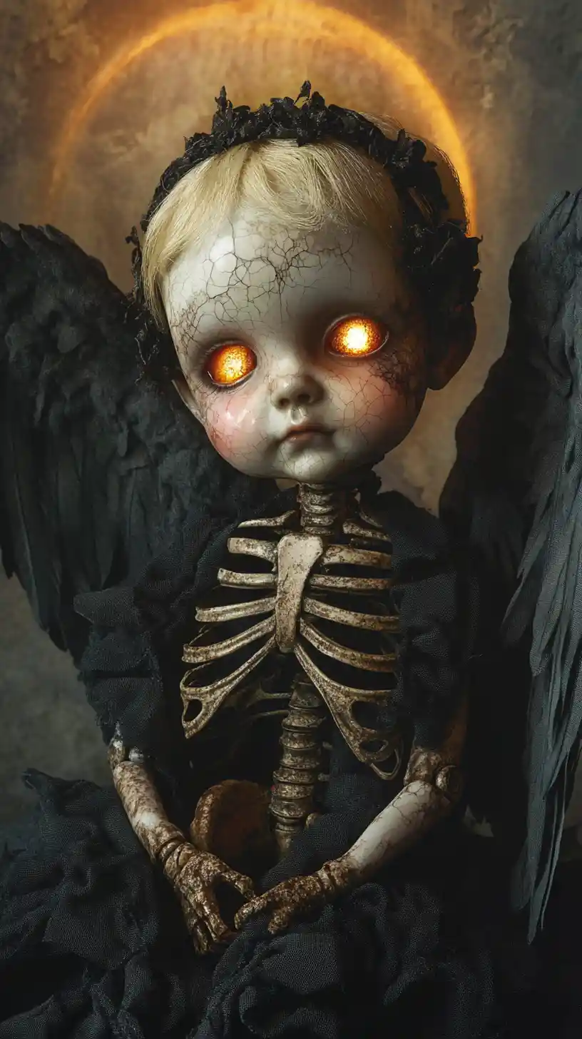 Gothic angel doll with halo in a twilight sky
