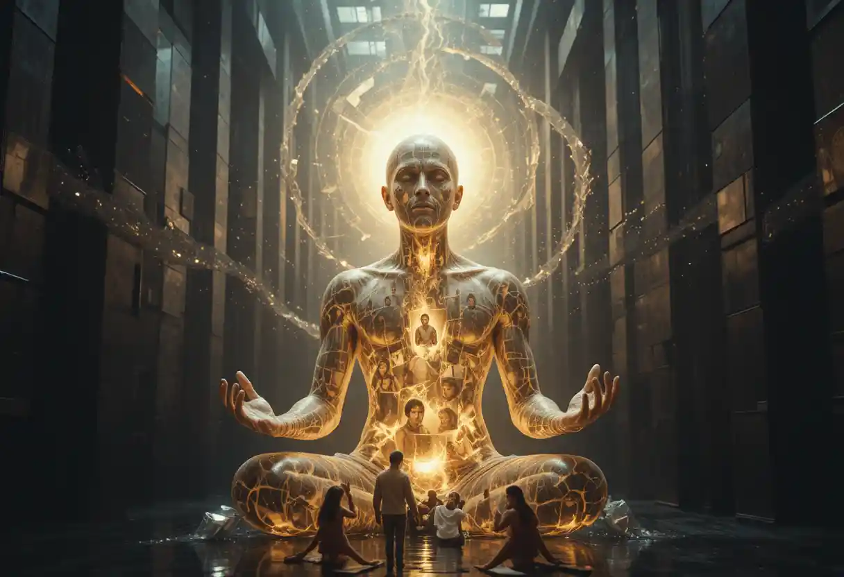Man of liquid light in zen against a cosmic maze