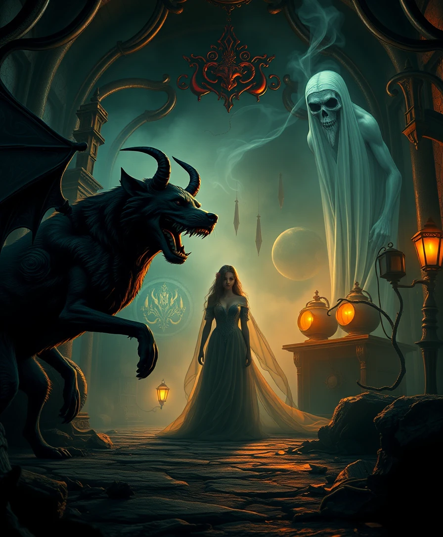 Mystical woman with devil and dog in steampunk world