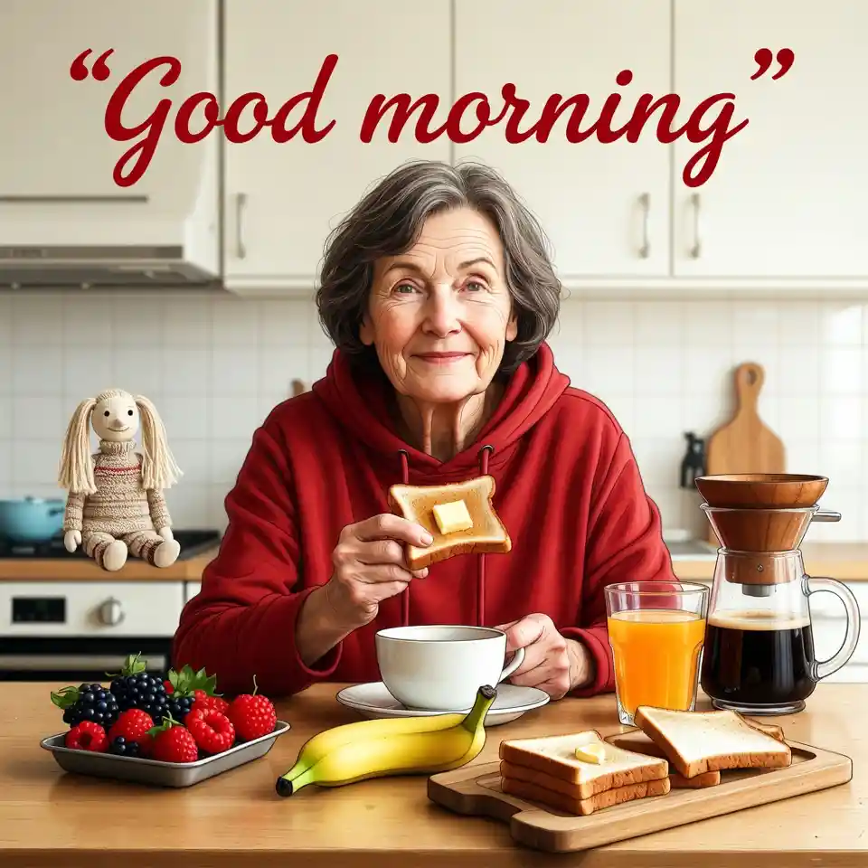 Older woman eating breakfast at a cozy kitchen table