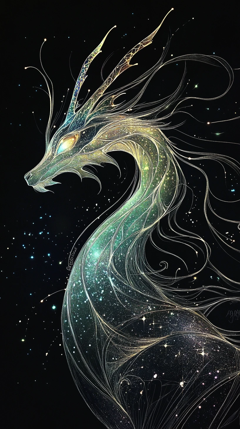 Constellation dragon in glowing line art on cosmic black void
