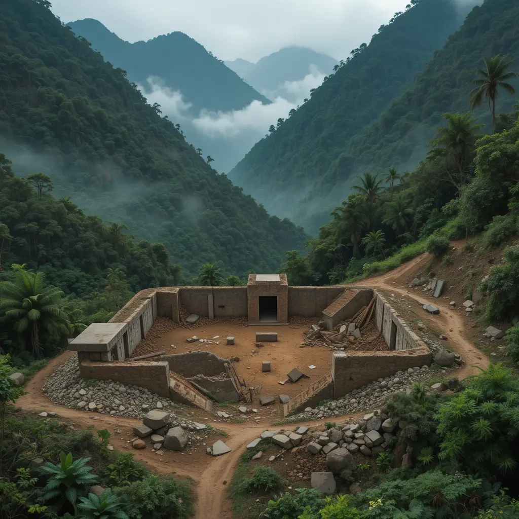 Misty tropical mountain valley with jungle and dirt site