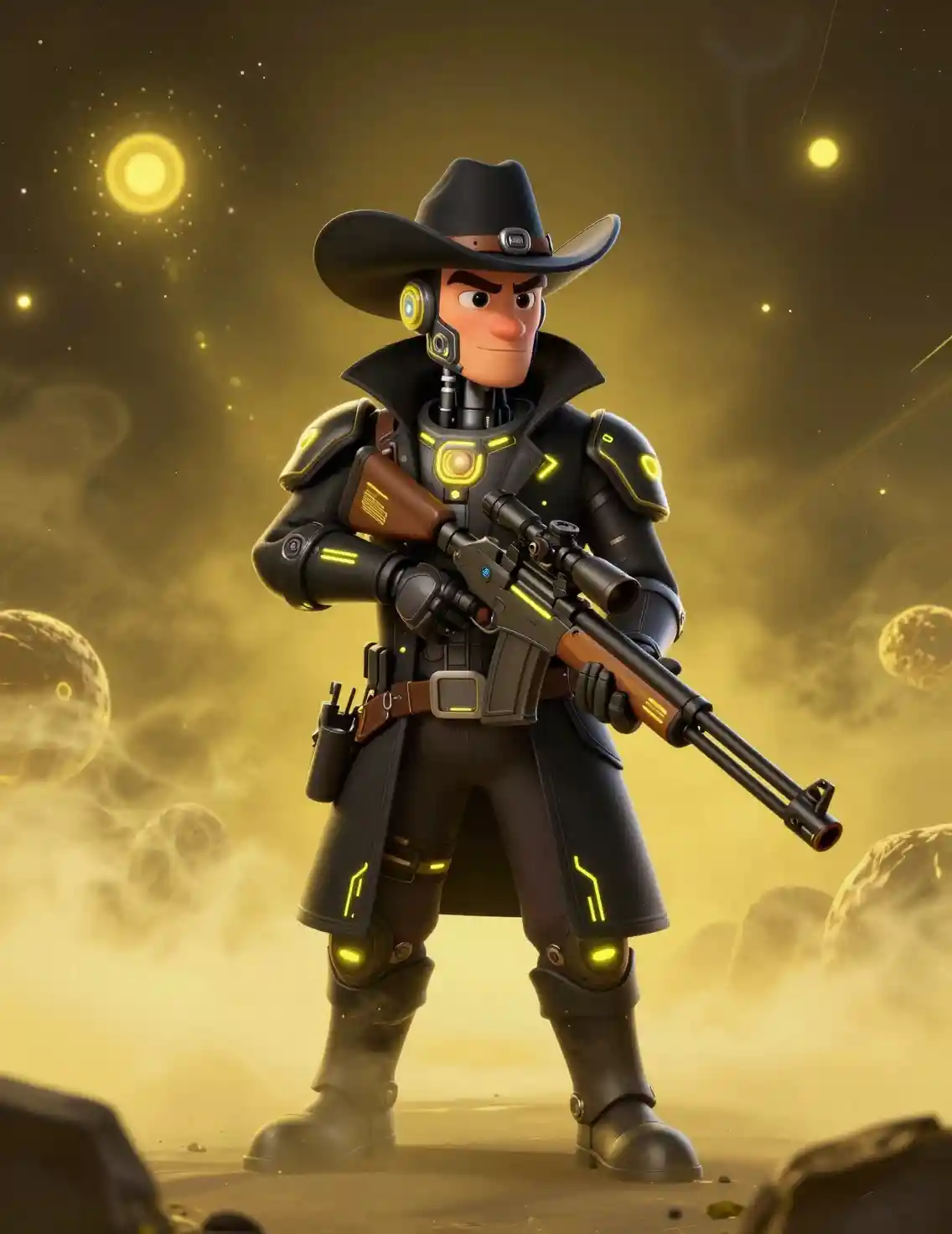 Cyberpunk sniper in neon armored coat floating in space