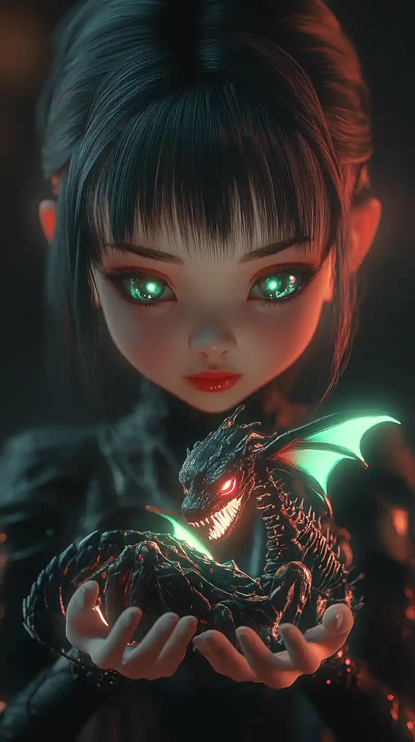 Chibi gothic demon girl cradling a tiny skeletal dragon