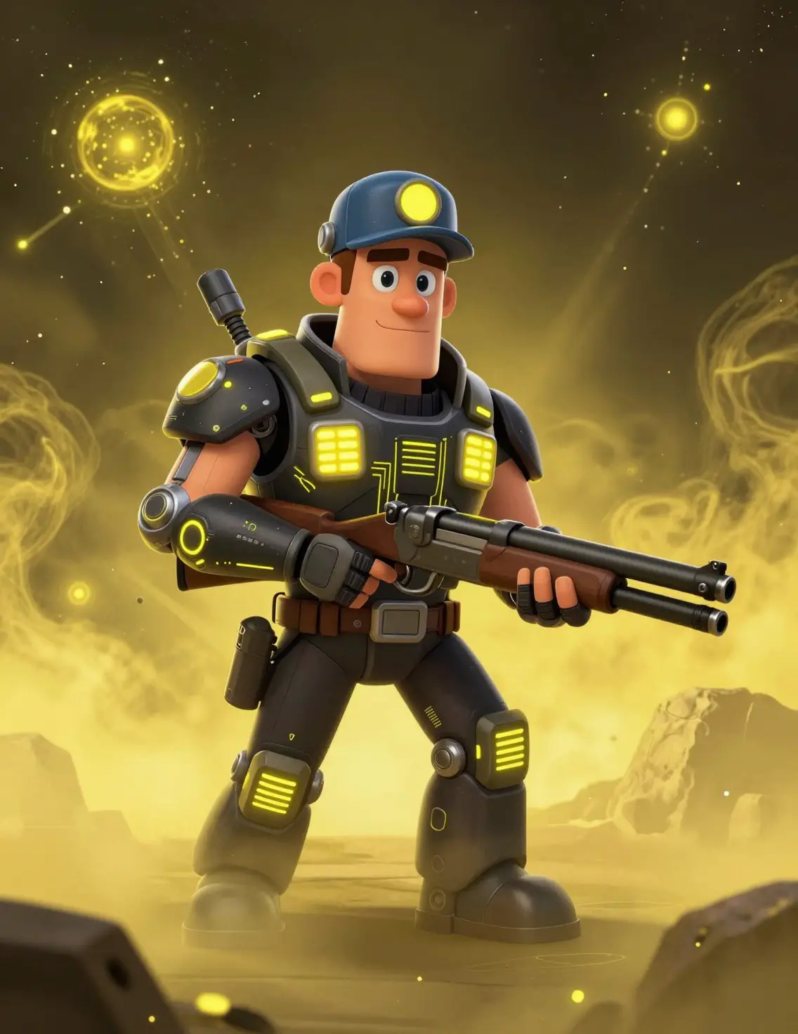 Cartoon sci fi engineer soldier with neon armor in space