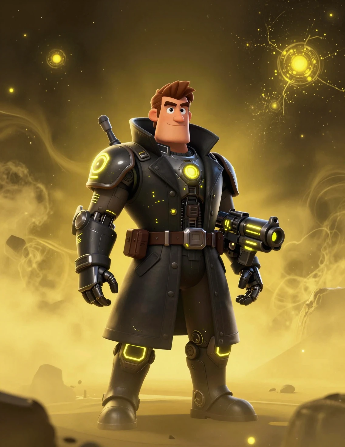 Cybernetic sci fi warrior in neon armored coat in space