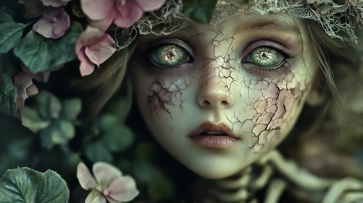 Eerie porcelain doll girl in a wilted garden