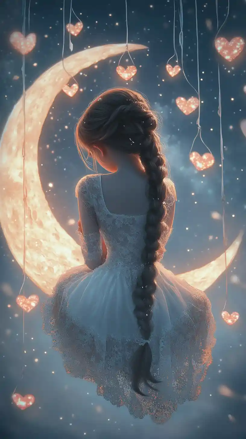 Girl Sitting On A Crescent Moon With Glowing Hanging Hearts