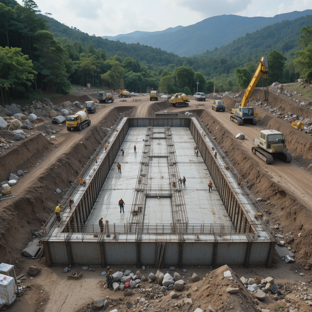 Workers Building Concrete Foundations In Jungle Landscape