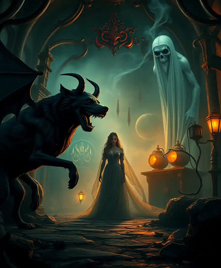 Mystical woman with devil and dog in steampunk world