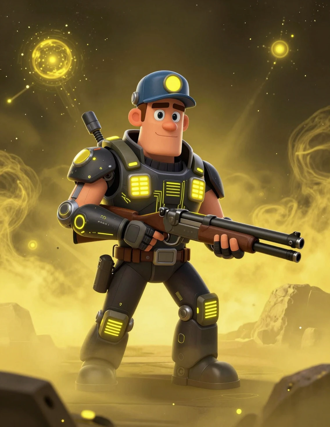 Cartoon sci fi engineer soldier with neon armor in space