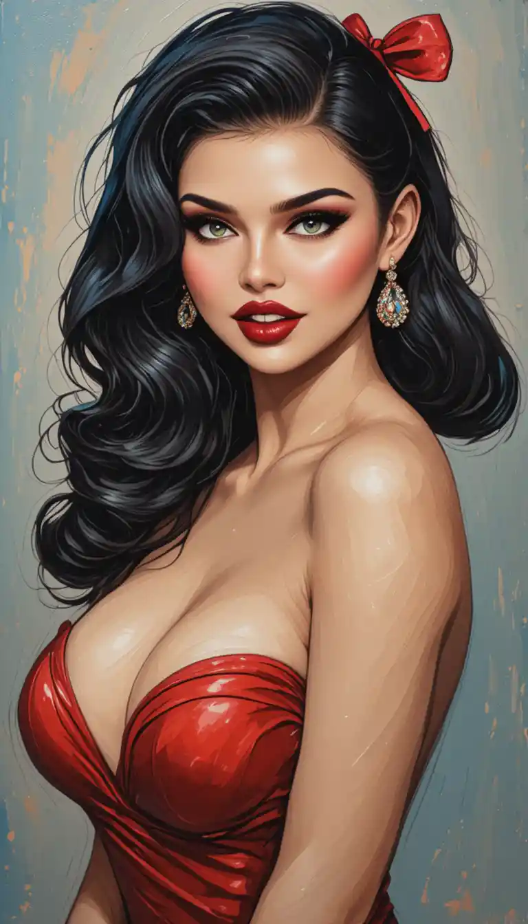 Smiling woman in red dress with vintage pin up hairstyle
