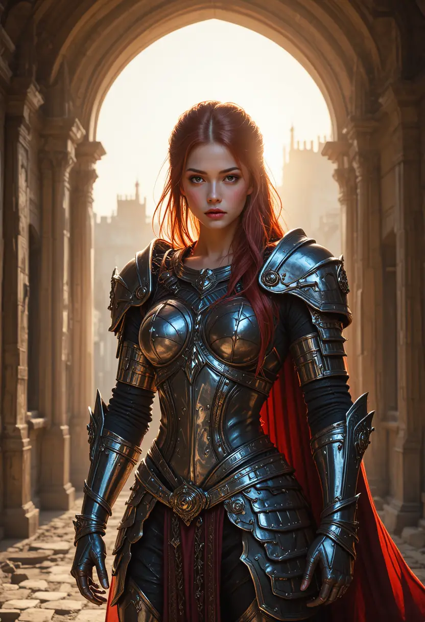Red haired warrior knight in silver armor at castle arch