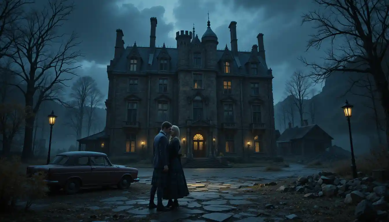 Romantic close up of blonde couple in candlelit castle