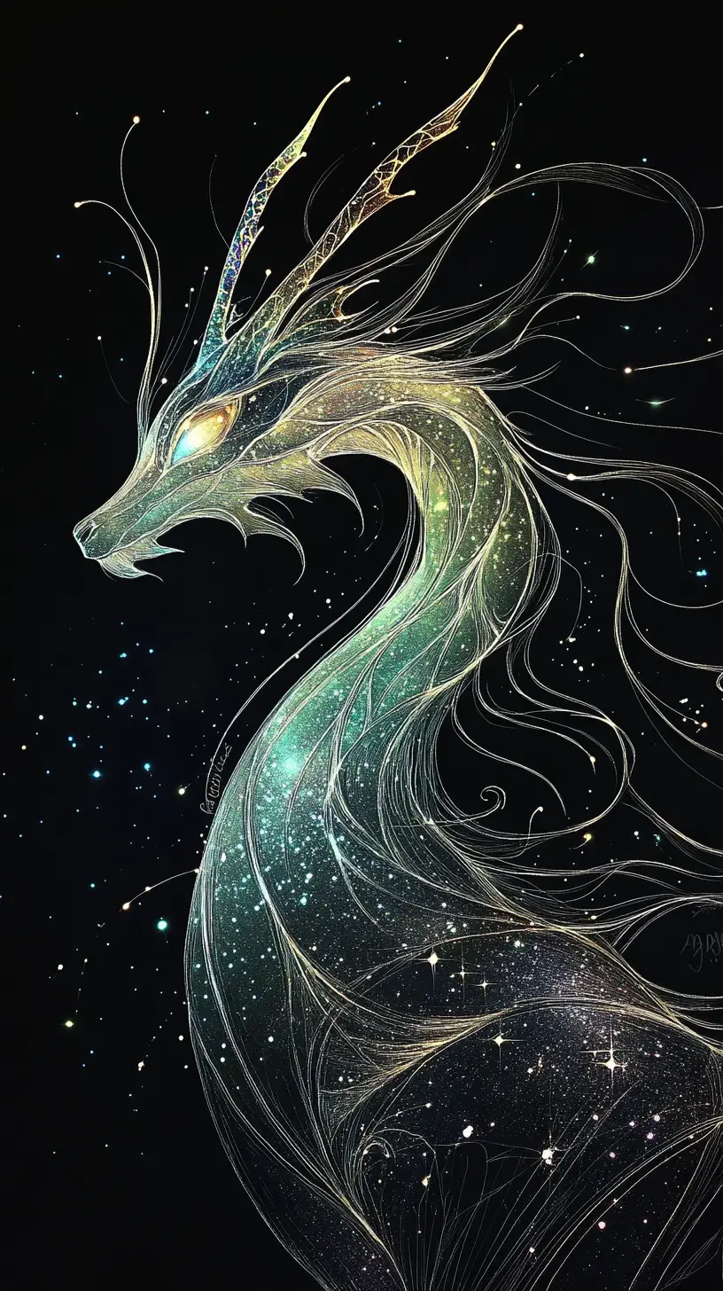 Constellation dragon in glowing line art on cosmic black void
