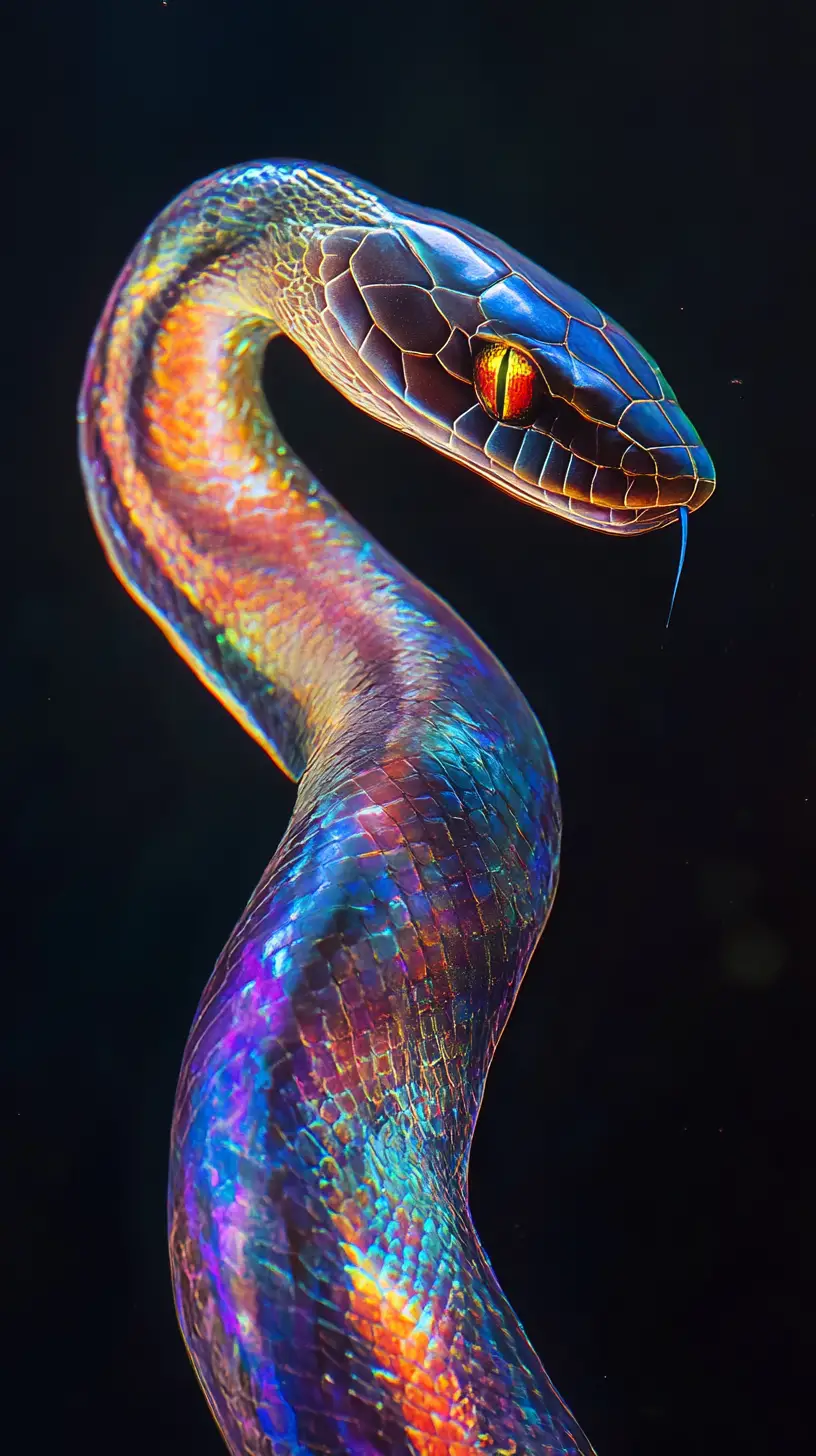 Neon edged sea serpent rising from a black void