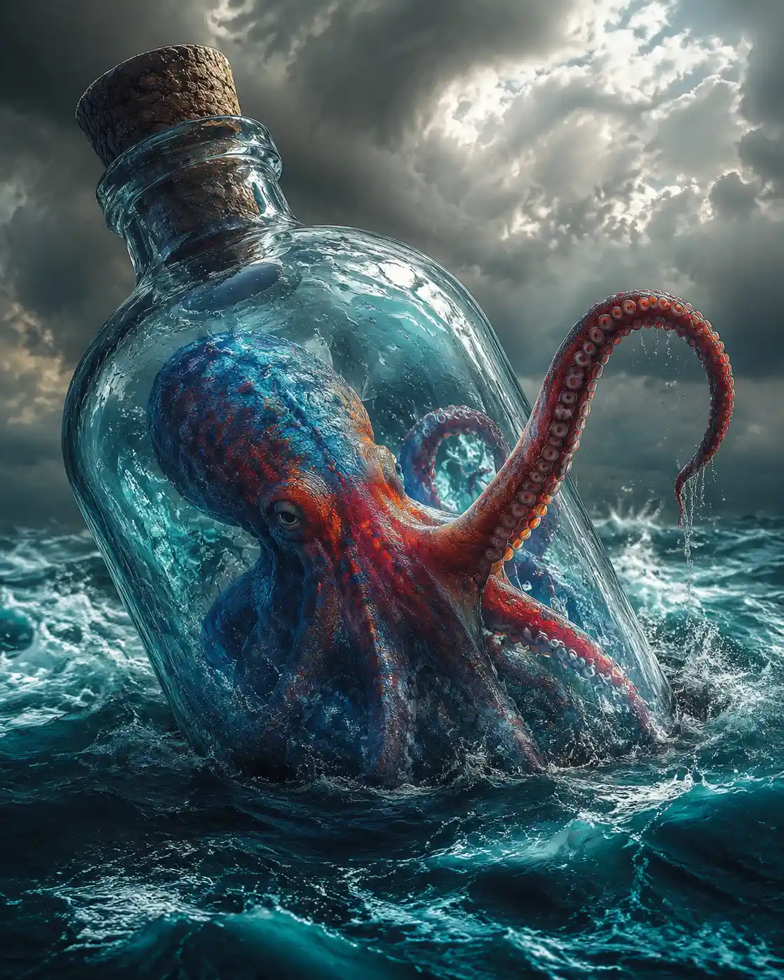 Giant bottled octopus drifting on a turbulent turquoise ocean
