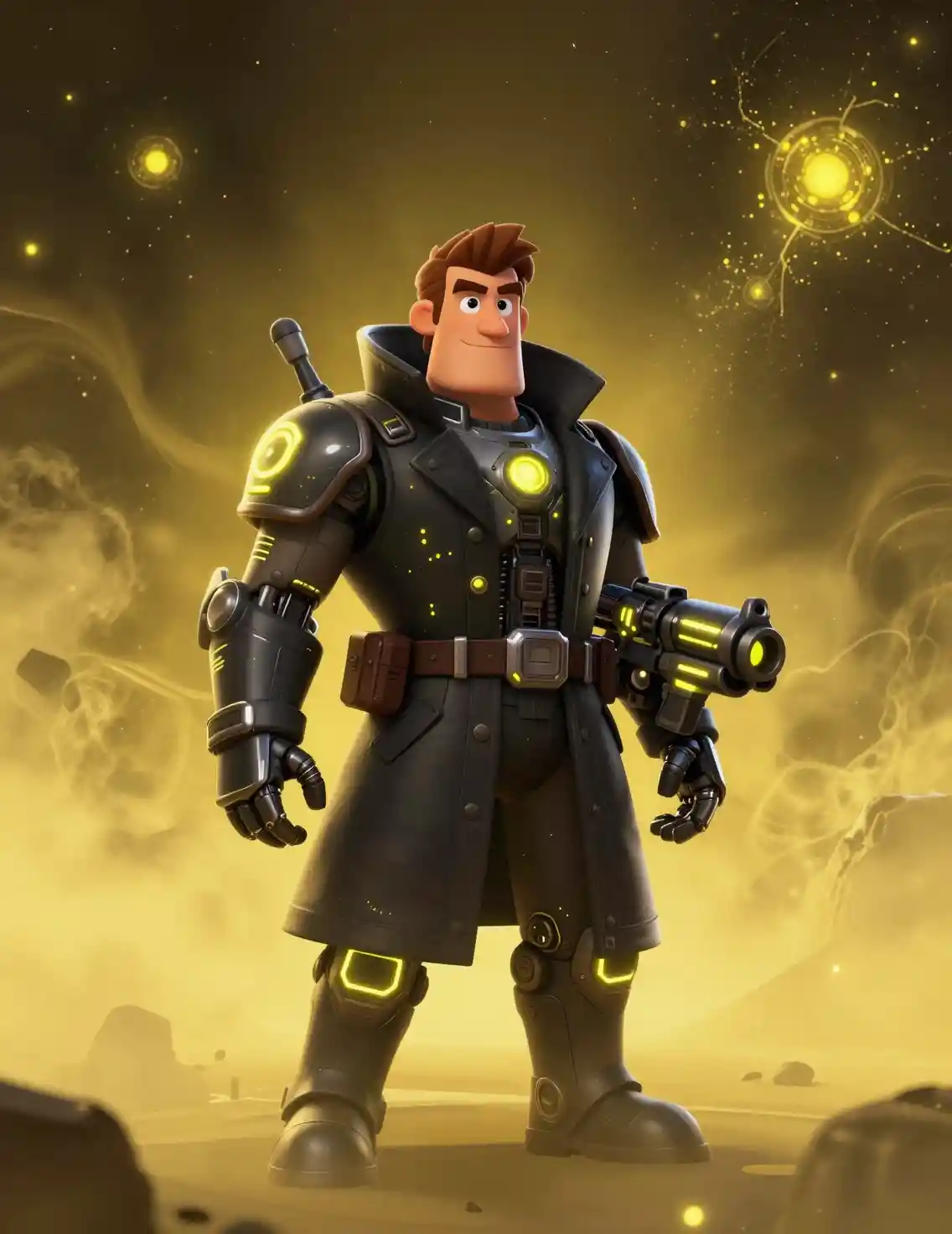 Cybernetic sci fi warrior in neon armored coat in space