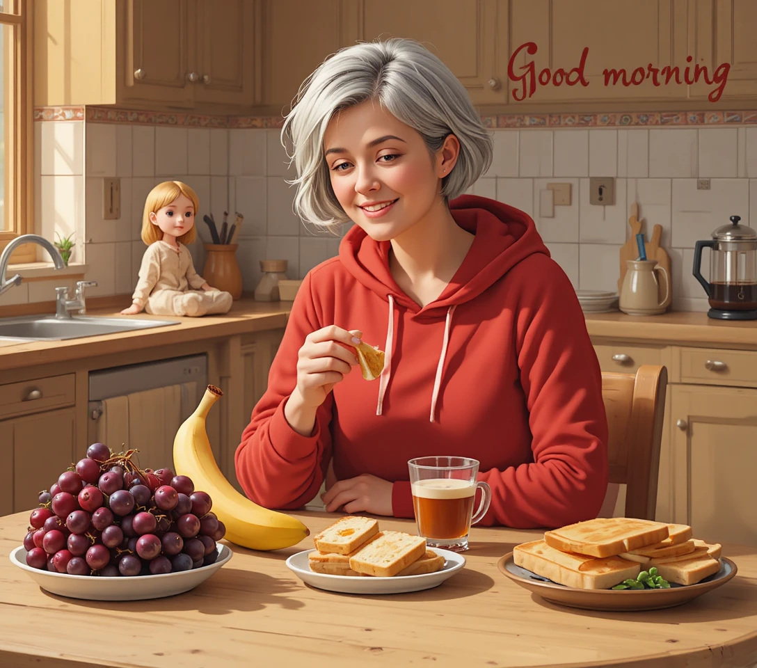 Older woman enjoying breakfast at a cozy kitchen table