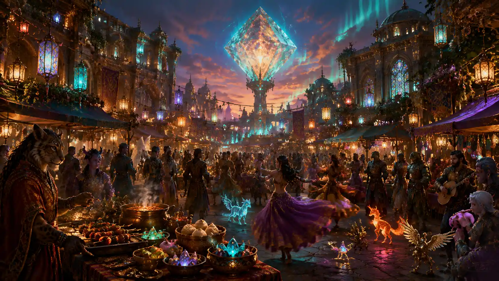 Festive fantasy night market filled with diverse sentient beings