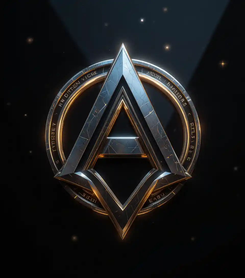 Futuristic metallic logo emblem on dark obsidian background