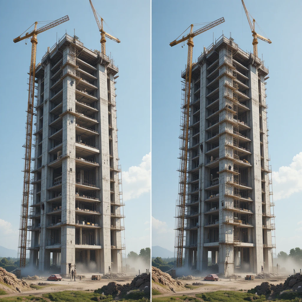 Brutalist tower rising floor by floor on busy construction site