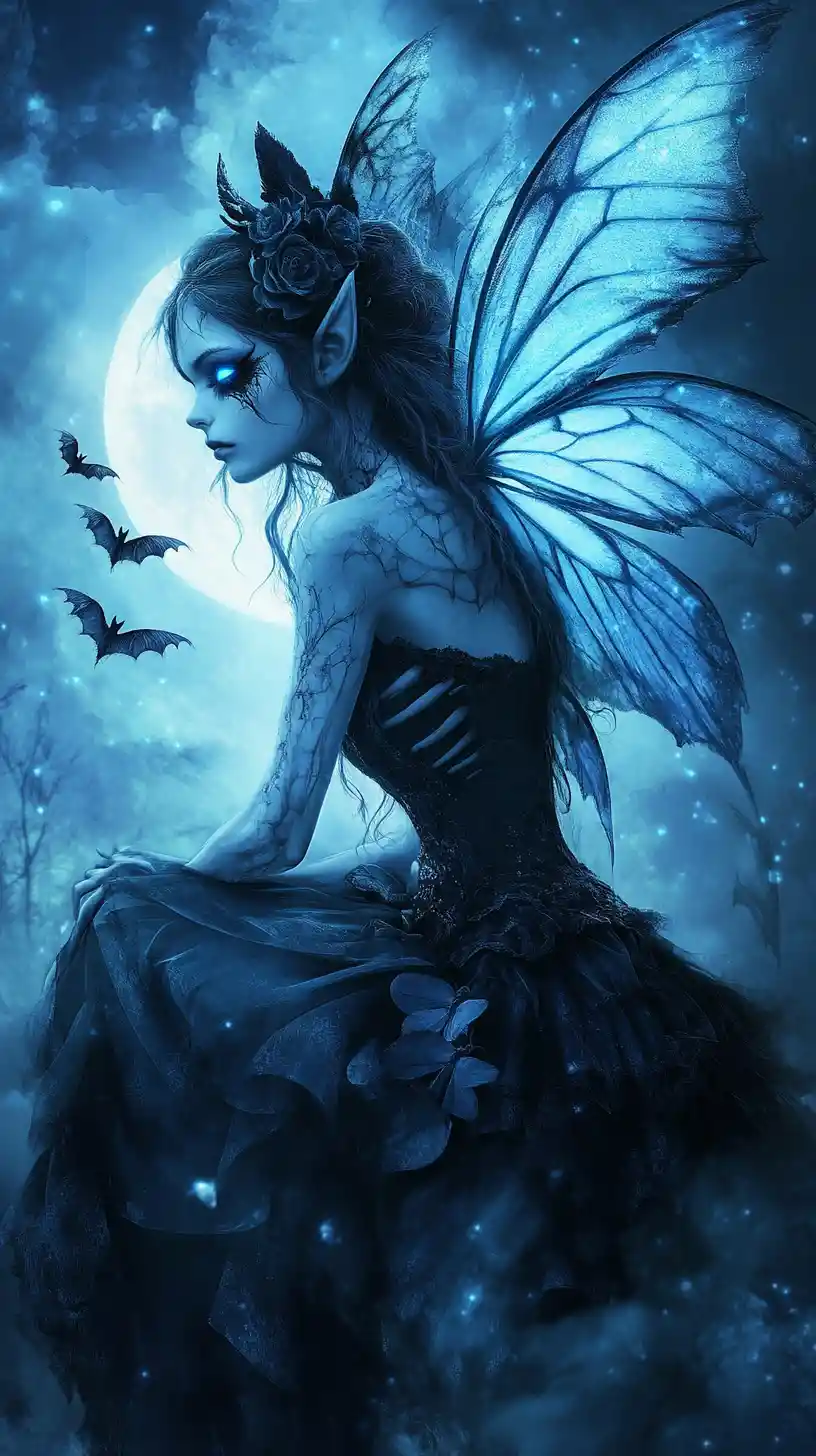 Gothic fairy girl with porcelain cracks in moonlit fog