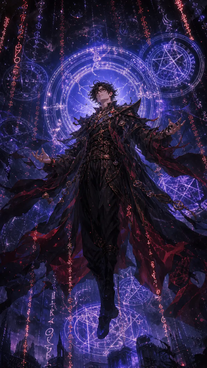 Young man levitating before glowing magical pentagram circles