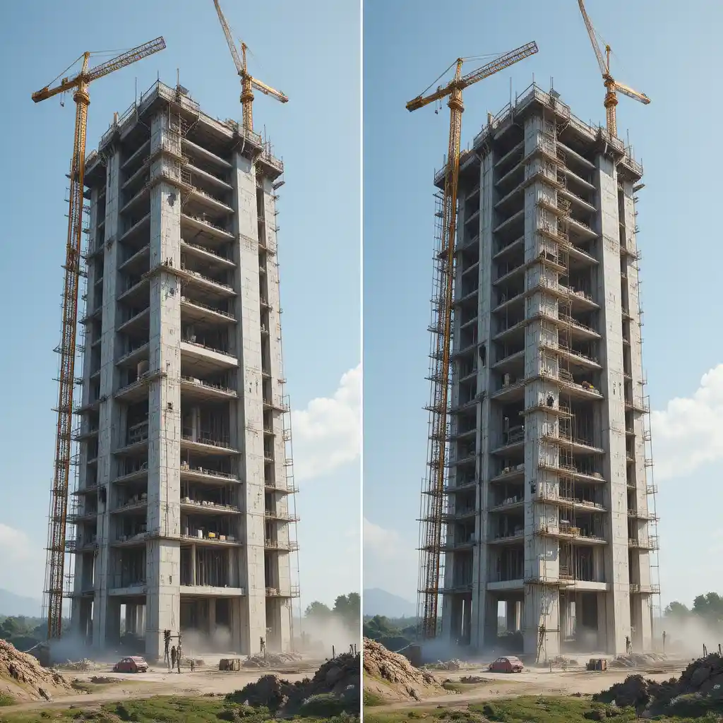 Brutalist tower rising floor by floor on busy construction site