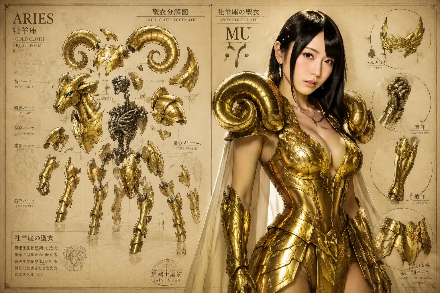 Female Aries warrior in golden armor technical schematic