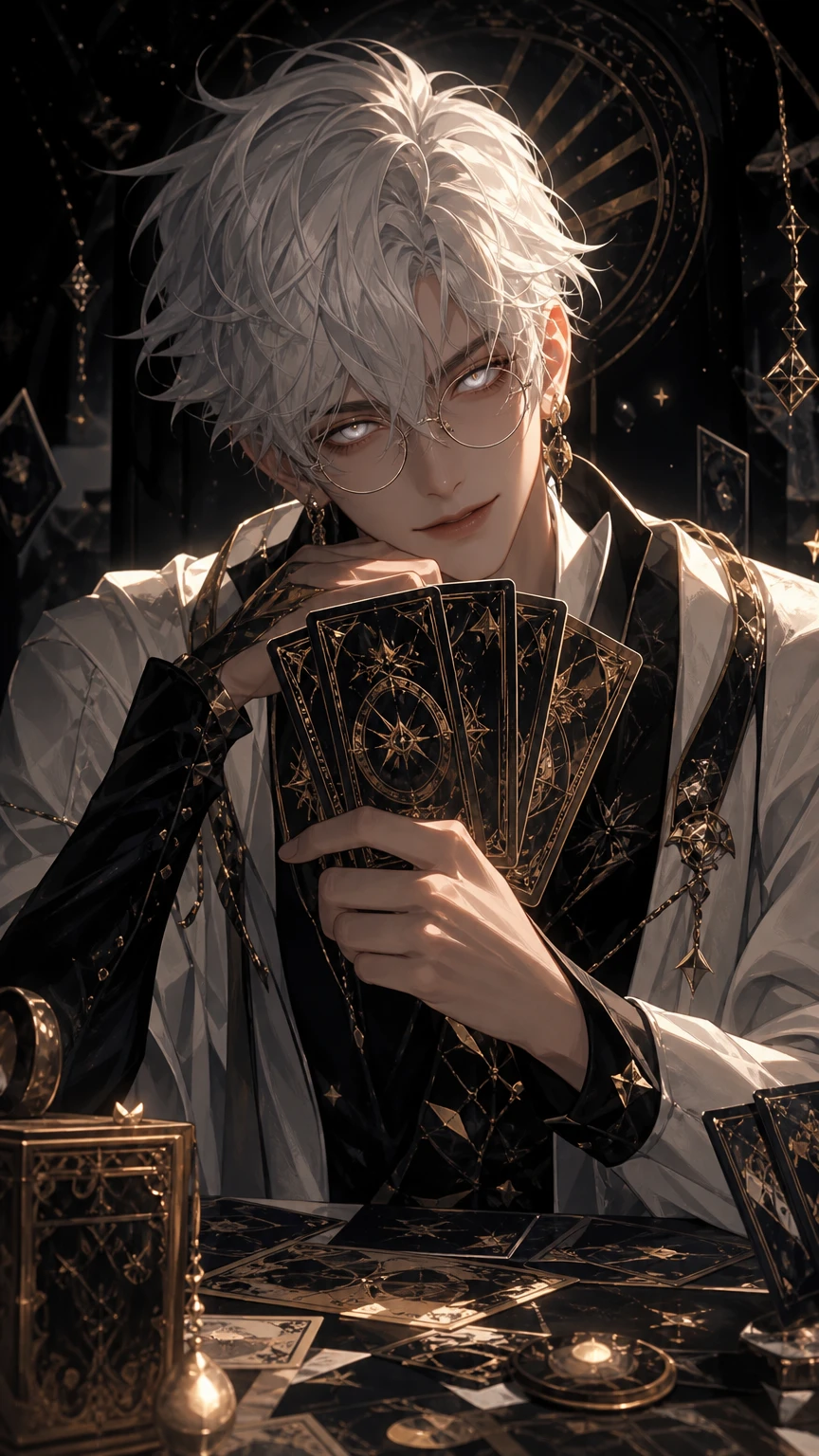 White haired man with cards at a dark table