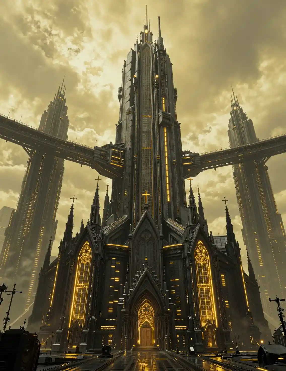 Futuristic Church Complex In A Neon Cyberpunk Metropolis