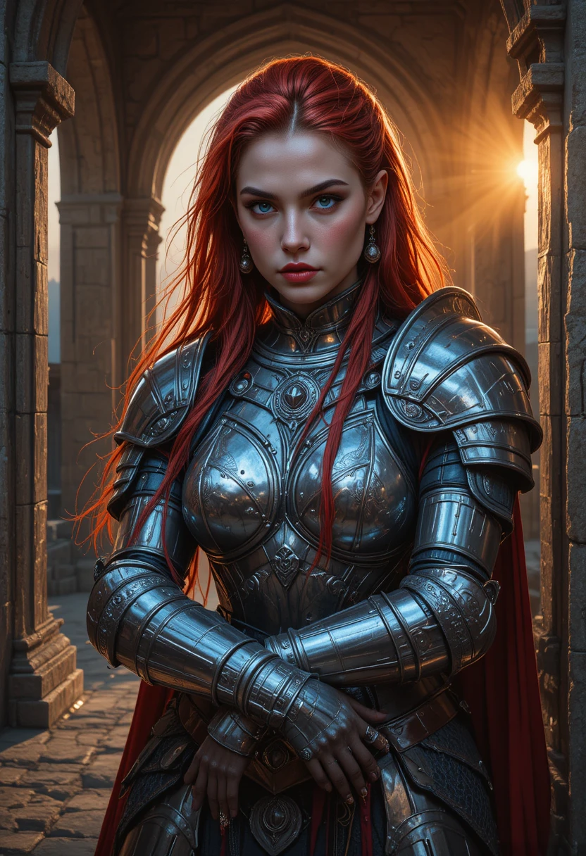 Red haired fantasy knight standing in a sunlit castle archway