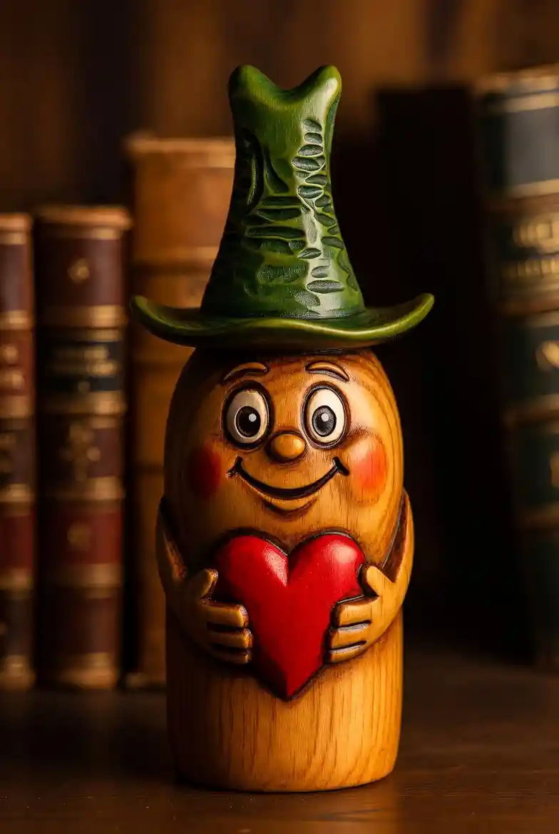 Carved wooden bottle hugging a red heart on books