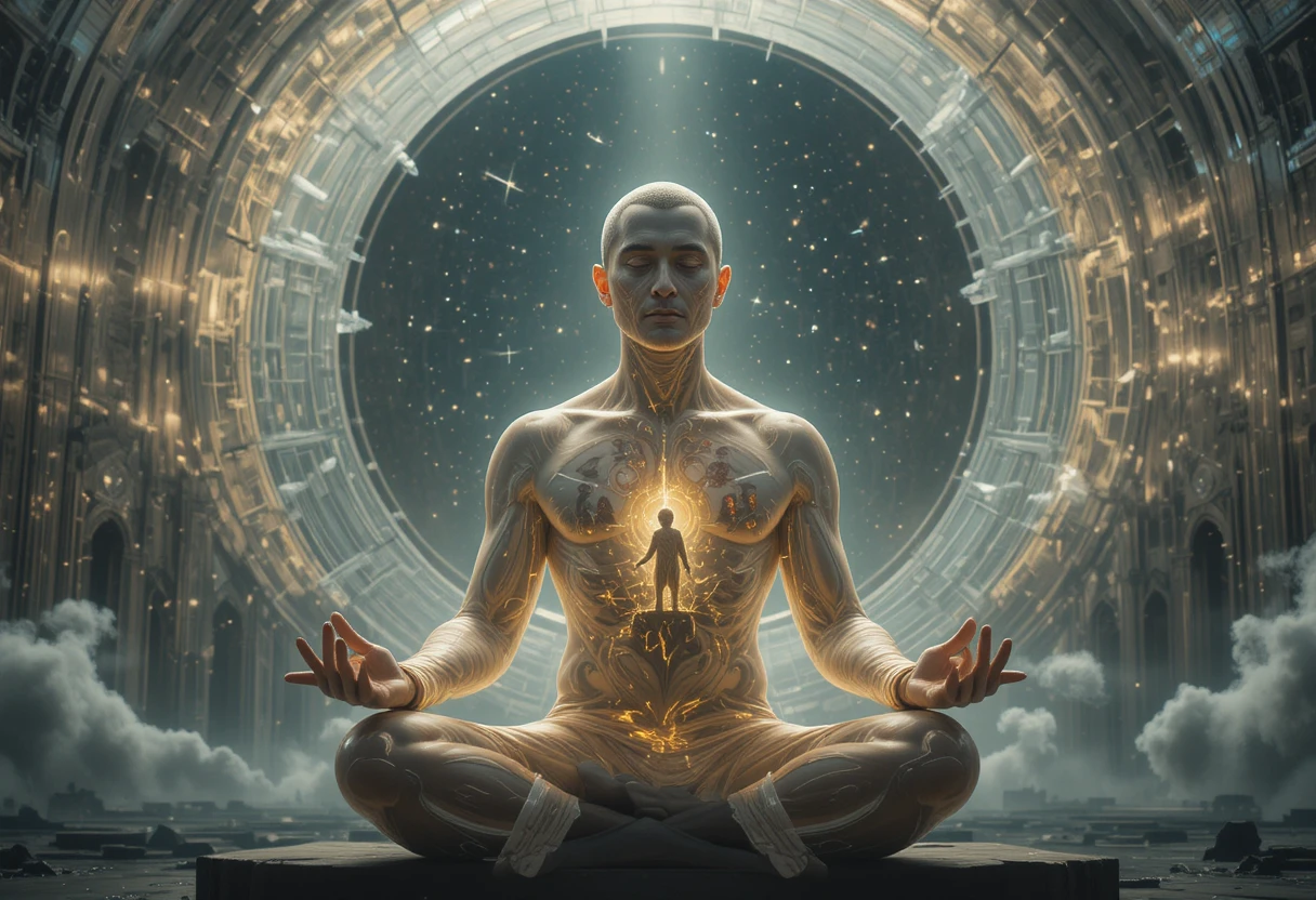 Man of liquid light in serene cosmic meditation
