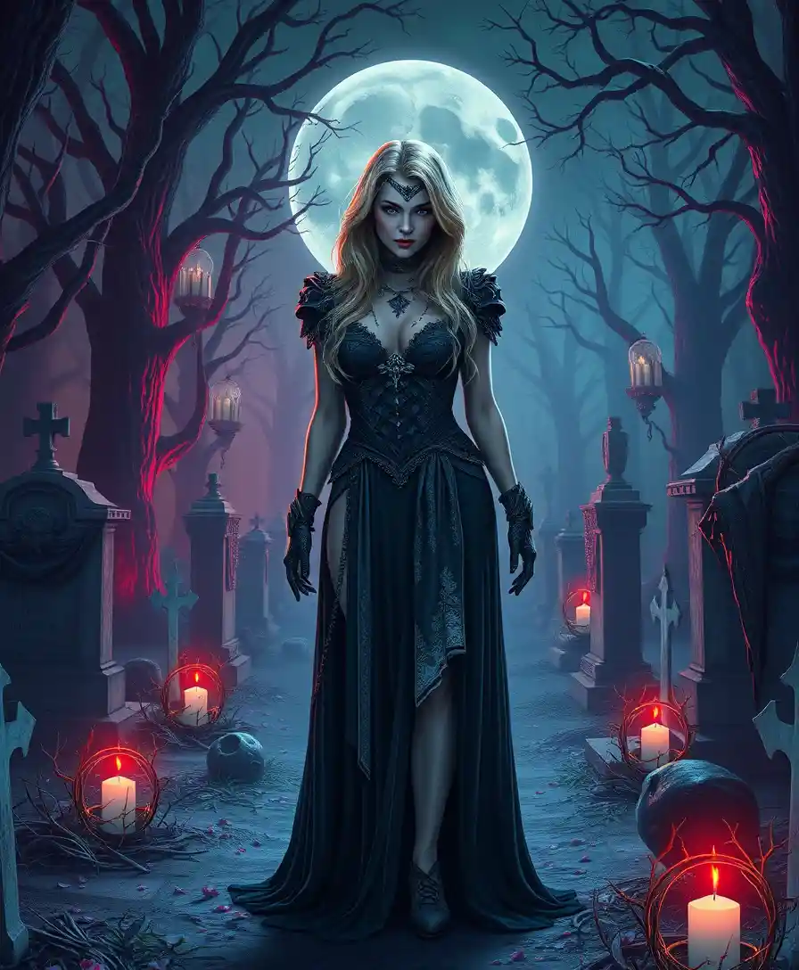 Lonely woman standing in a mystical fantasy graveyard