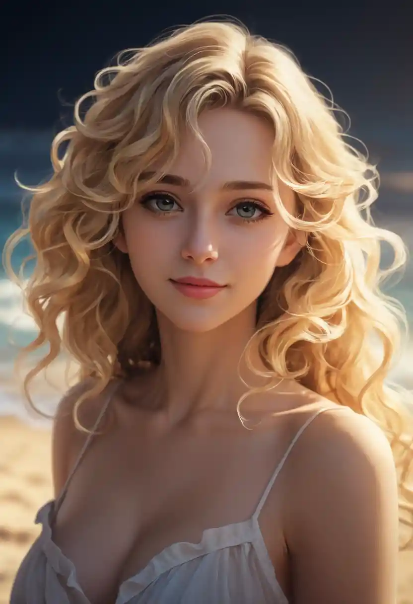 Anime woman with wavy blonde hair at a summer beach