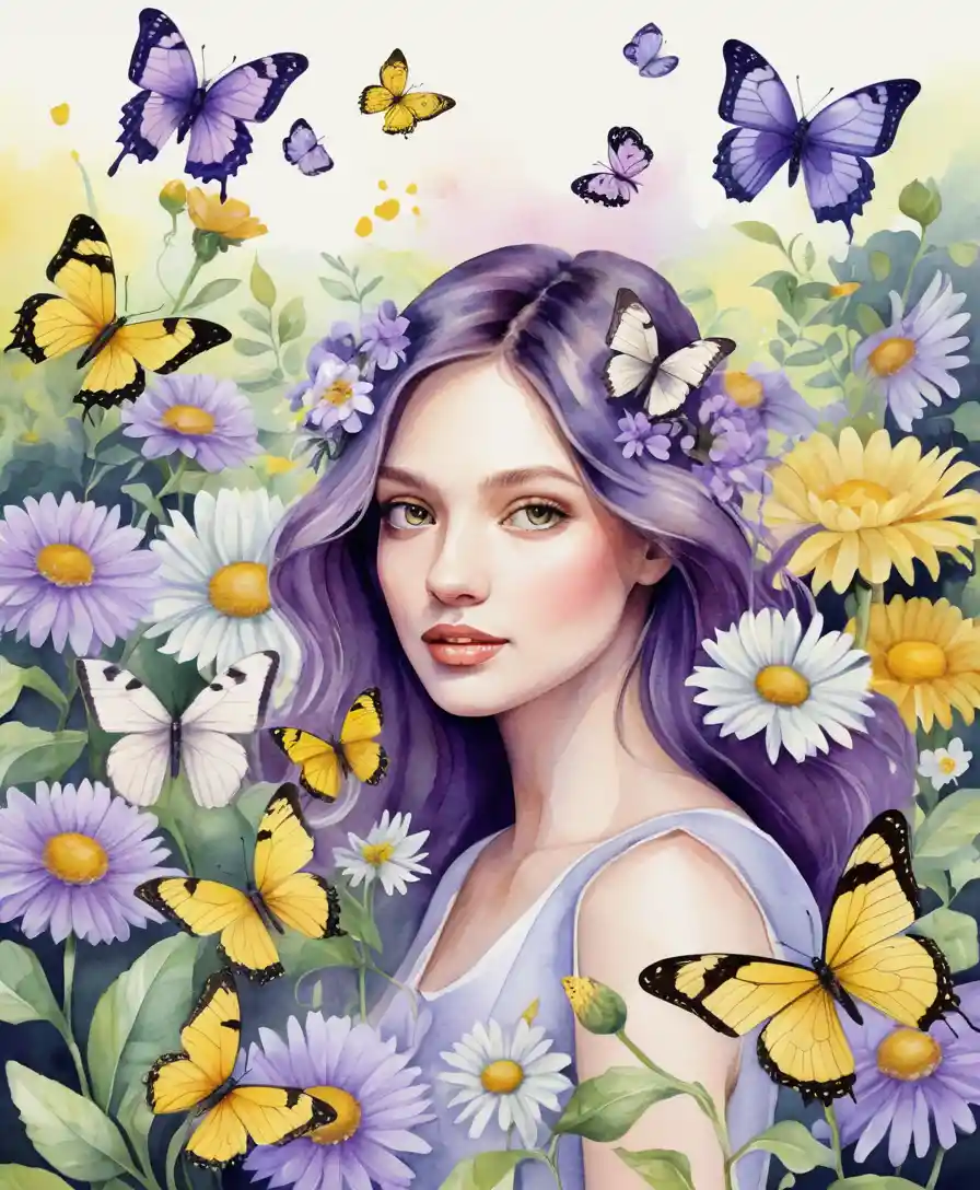 Purple butterfly in a blooming yellow and purple garden