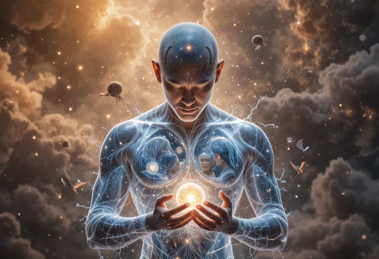 Cinematic portrait of a luminous man in the cosmic void