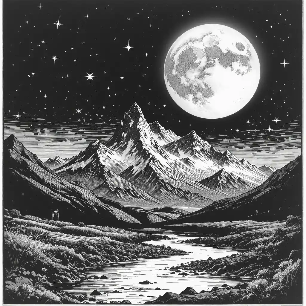 Black And White Engraving Of Moonlit Mountains And River