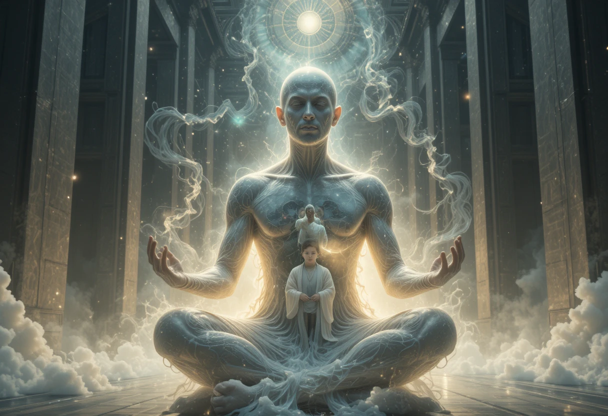 Cinematic portrait of a man in serene cosmic reflection